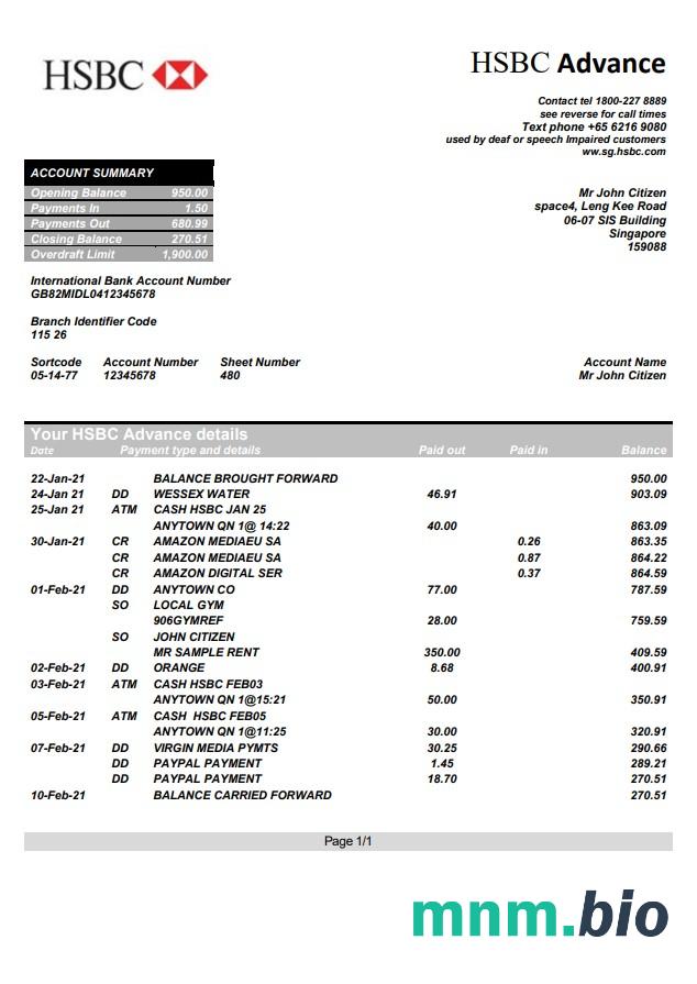 Singapur HSBC szablon w formacie excel pdf